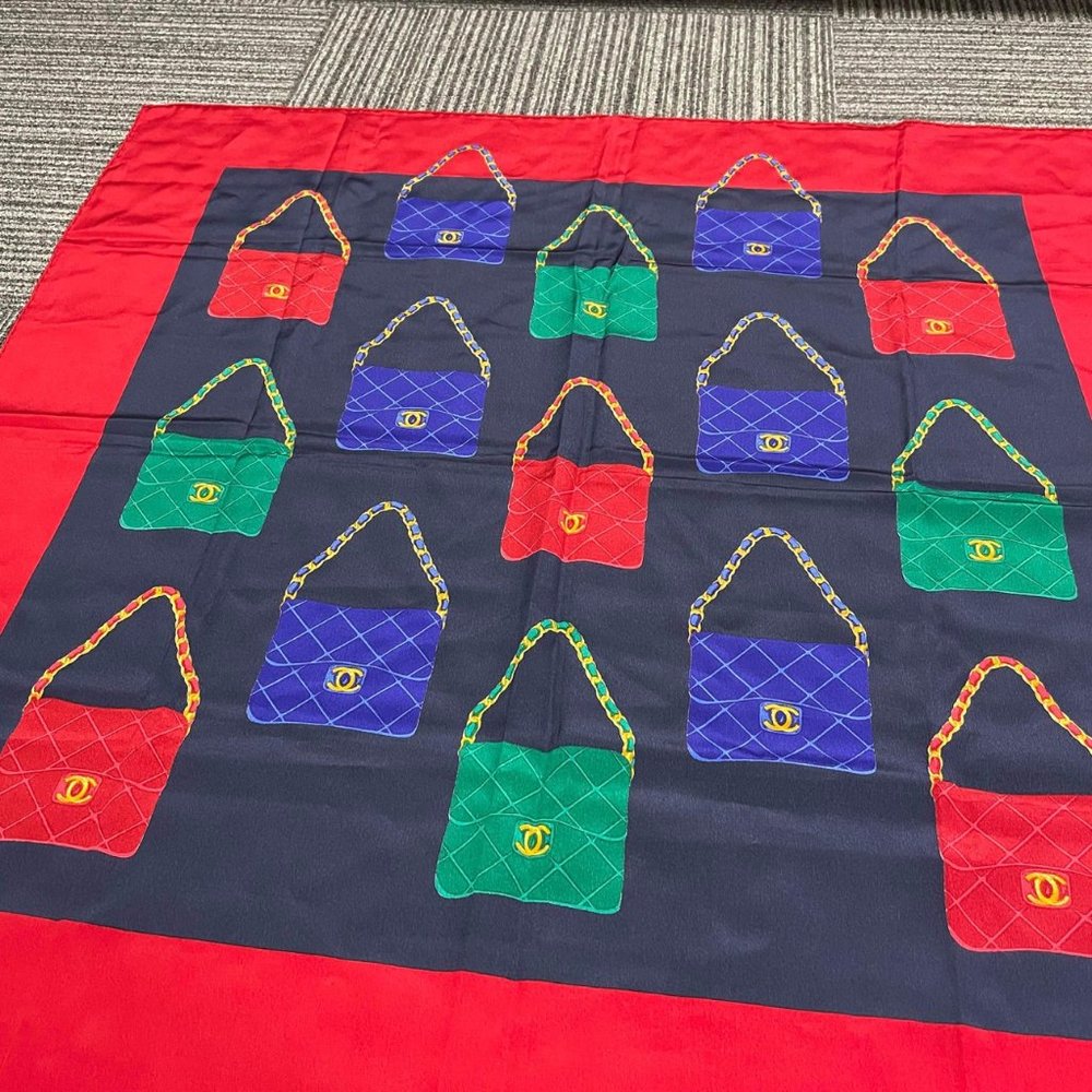 Chanel Blue & Red Silk Bag Print Scarf - Picture 7 of 9